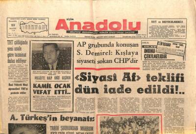 Bizim Anadolu Gazetesi 22 Mayıs 1969 - Siyasi Af Teklifi İade Edildi GZ103347 - 1