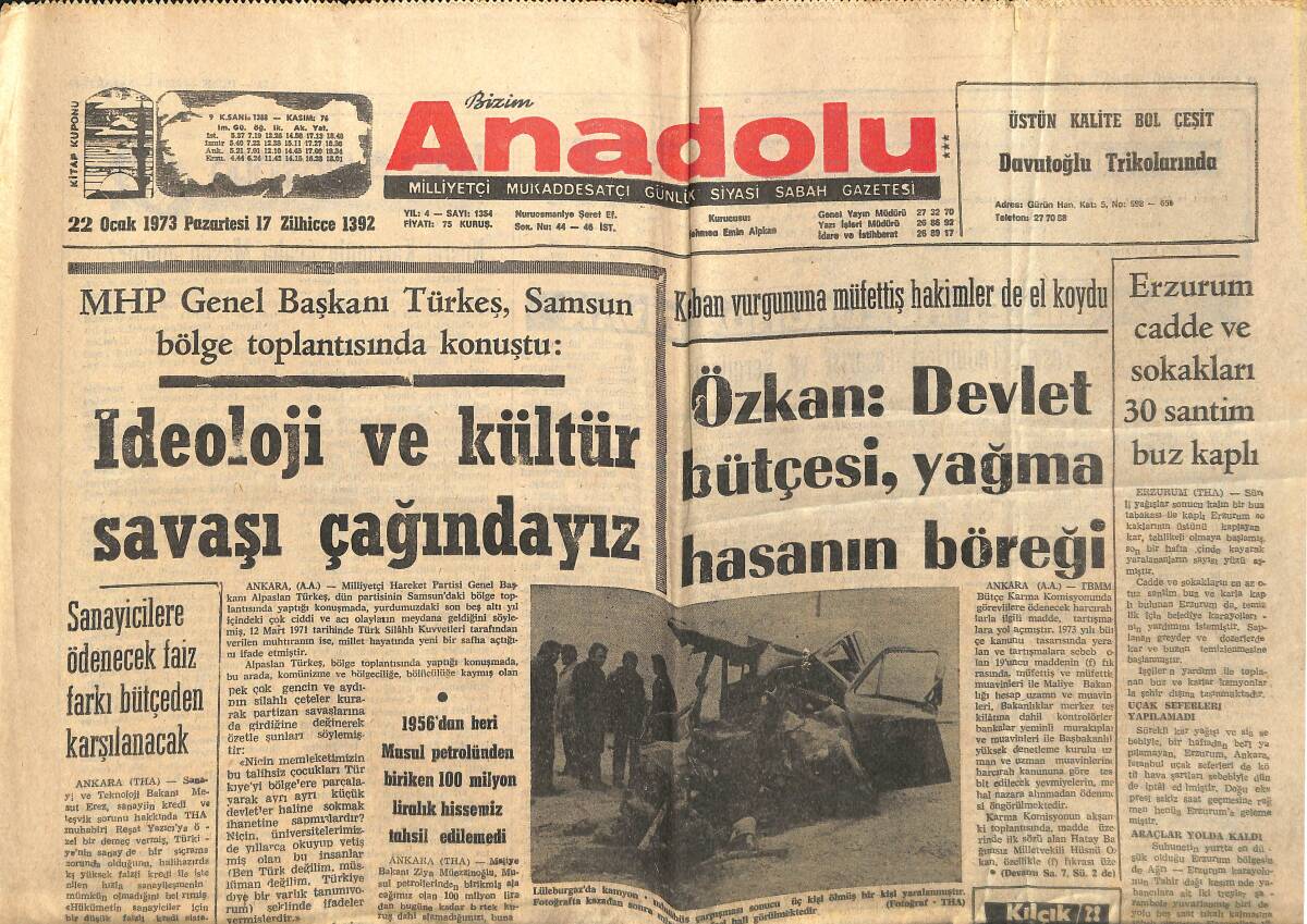 Bizim Anadolu Gazetesi 22 Ocak 1973 - Keban Vurgununa Müfettiş Hakimler De El Koydu - İzmit Ve Sakarya Televizyona Kavuştu! GZ140683 - 1