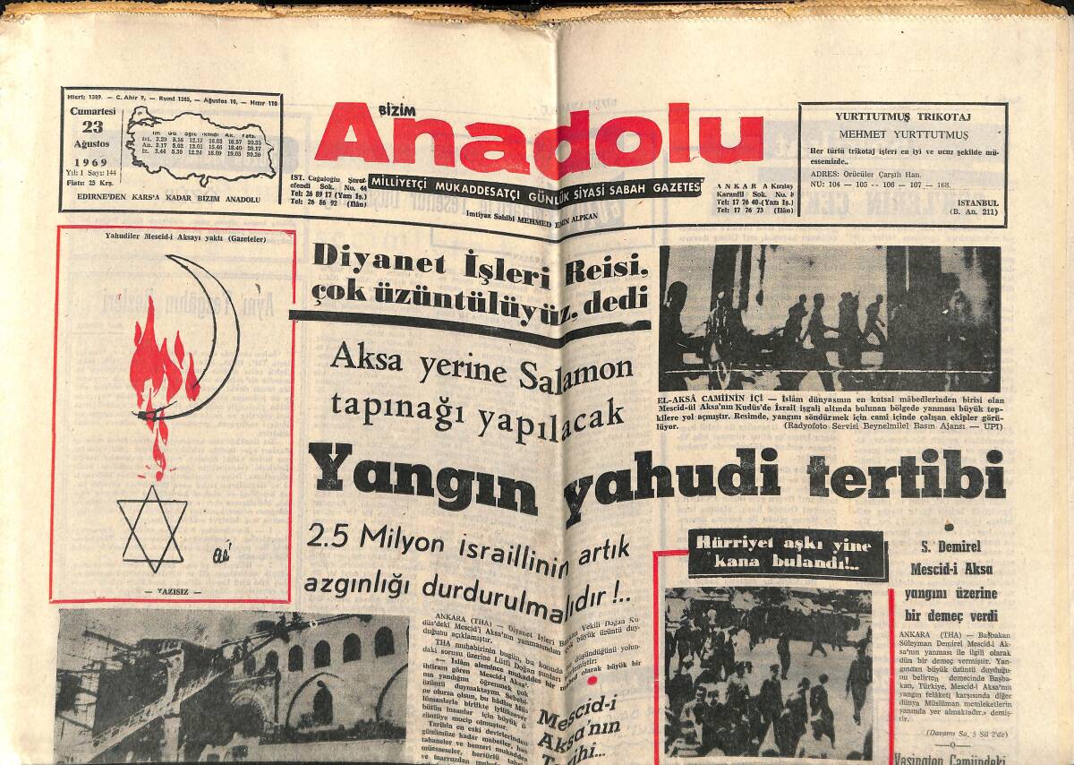 Bizim Anadolu Gazetesi 23 Ağustos 1969 - Mescid-i Aksa Yerine Salamon Tapınağı Yapılacak - Ezeli Rakipler Metin Oktay İçin Karşılaşıyor GZ140729 - 1