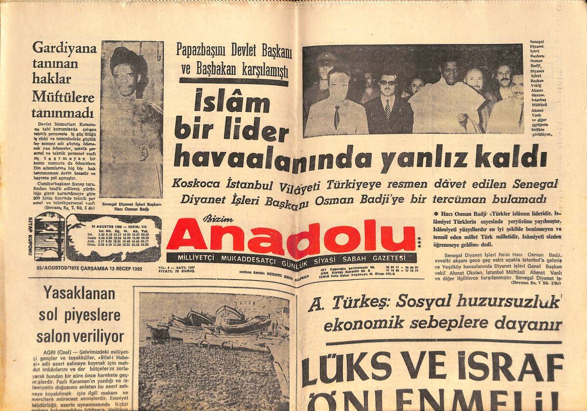 Bizim Anadolu Gazetesi 23 Ağustos 1972 - Yasaklanan Sol Piyeslere Salon Veriliyor - İlk Komünistin İdamı İstendi - O. Seyfi Orhon Vefat Etti GZ138933 - 1