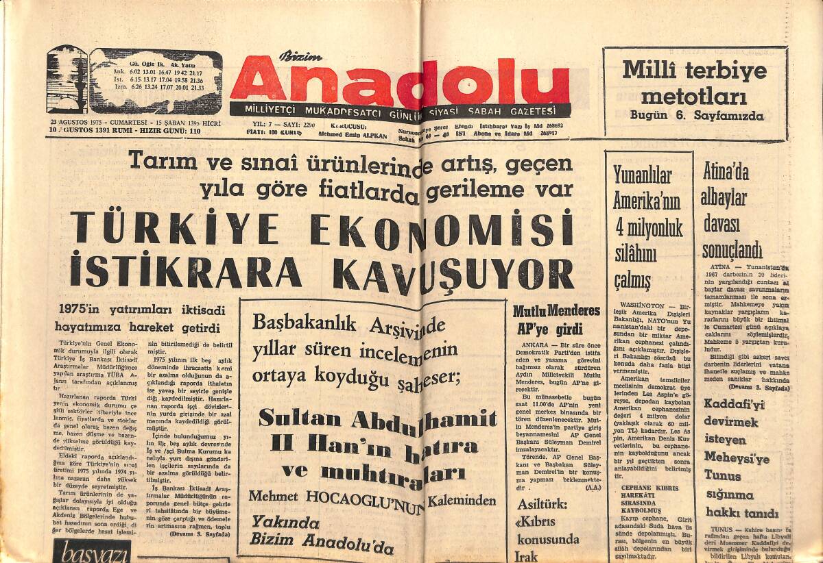 Bizim Anadolu Gazetesi 23 Ağustos 1975 - Dolakay , Bozkurt'un Hasta Annesi İle Alay Etti - Türkiye Ekonomisi İstikrara Kavuşuyor GZ141069 - 1