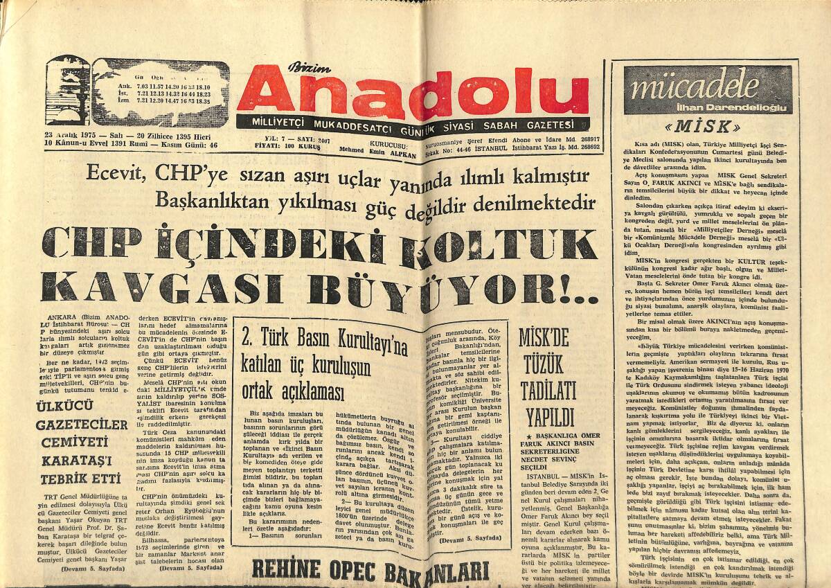 Bizim Anadolu Gazetesi 23 Aralık 1975 - CHP İçindeki Koltuk Kavgası Büyüyor - Misk'de Tüzük Tadilatı Yapıldı! GZ140653 - 1