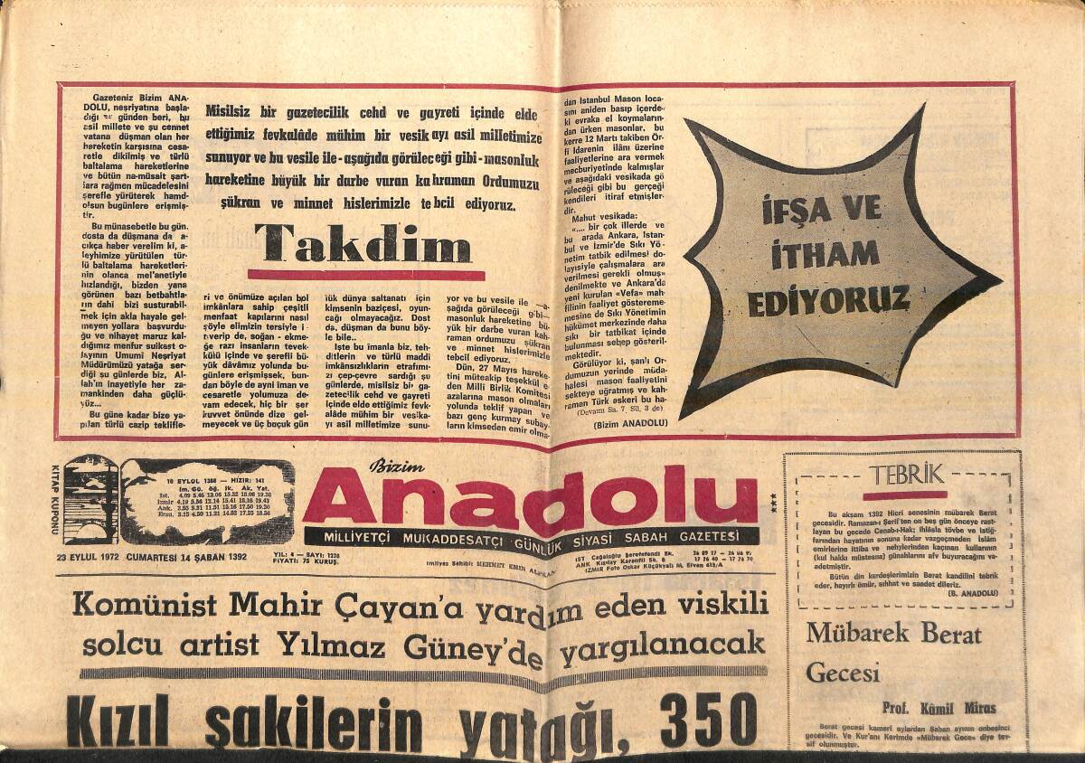Bizim Anadolu Gazetesi 23 Eylül 1972 - İlk Büyücüler Kongresi İspanya'da Yapılıyor - Kızıl Şakilerin Yatağı 350 Solcunun Duruşması Başlıyor GZ138899 - 1