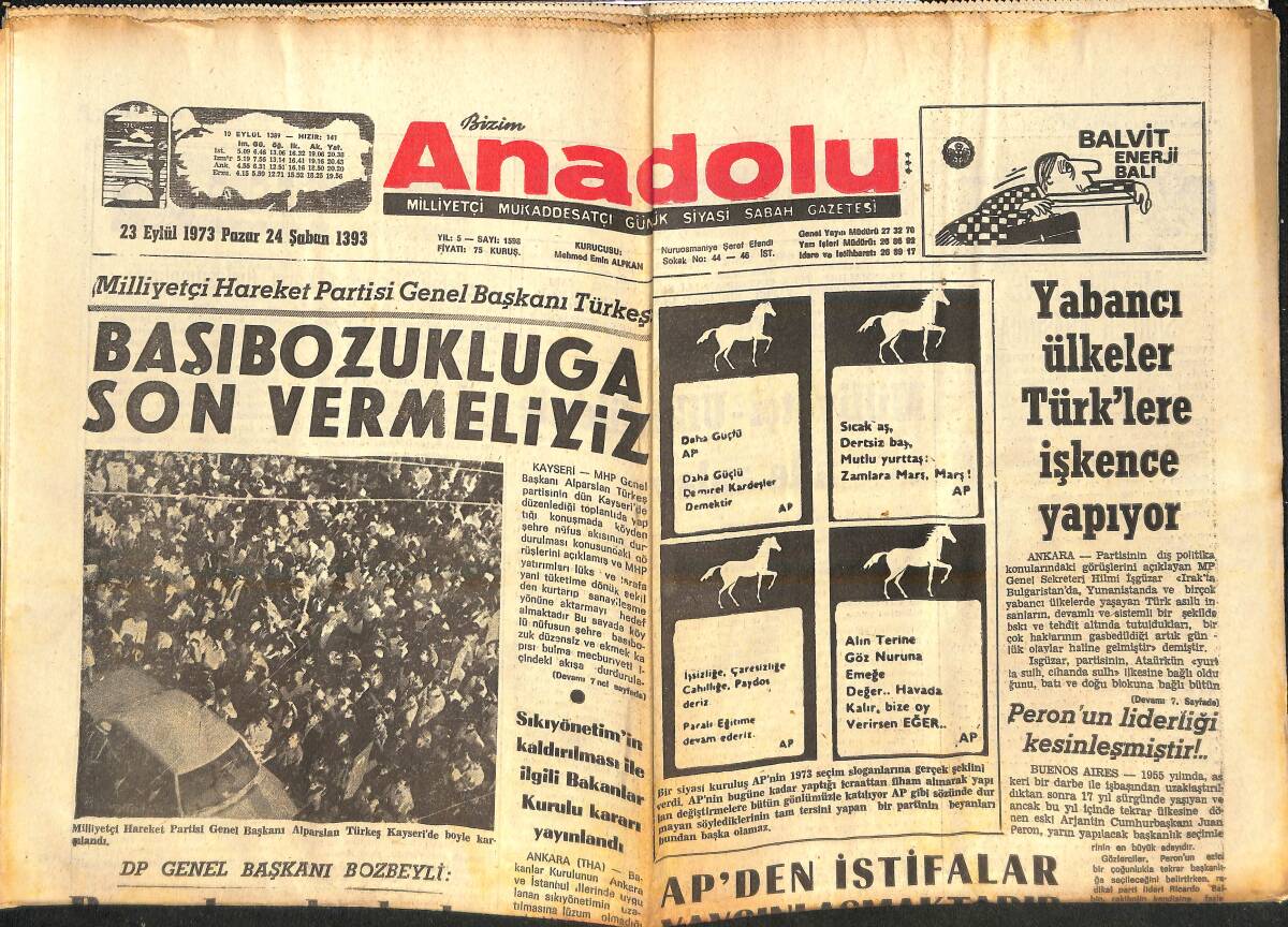 Bizim Anadolu Gazetesi 23 Eylül 1973 - Yabancı Ülkeler Türklere İşkence Yapıyor - Aziz Nesin Ne Söylemek İstiyor - Marksist Partiler Kapatılıyor GZ138959 - 1