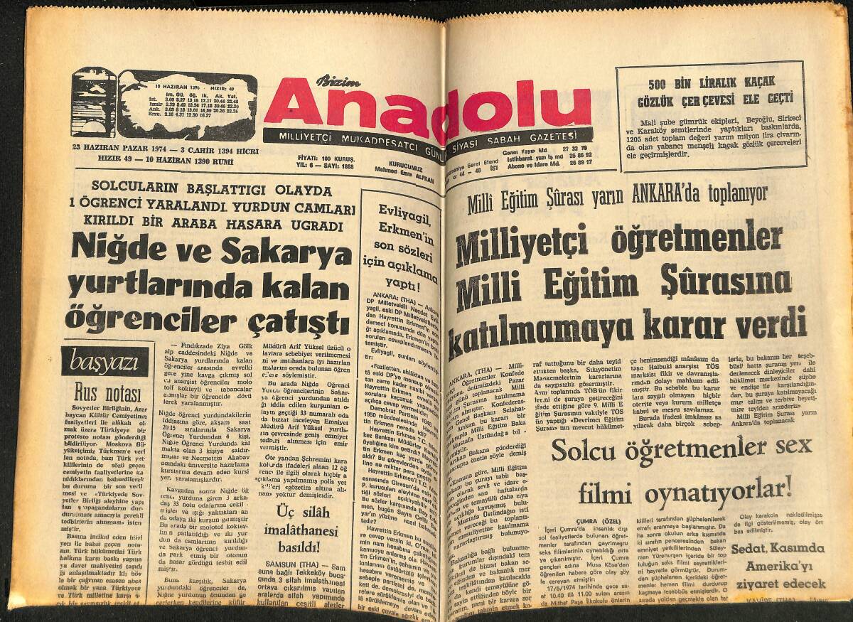 Bizim Anadolu Gazetesi 23 Haziran 1974 - Niğde Ve Sakarya Yurtlarında Kalan Öğrenciler Çatıştı - Üç Silâh İmalathanesi Basıldı ! GZ148786 - 1