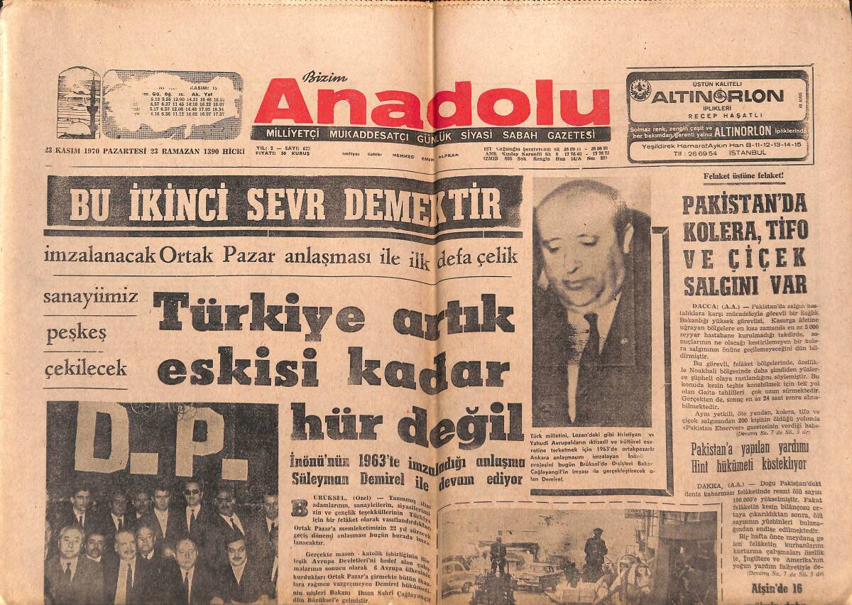 Bizim Anadolu Gazetesi 23 Kasım 1970 - Türkiye Artık Eskisi Kadar Hür Değil - Can Bartu Fenerbahçe Teknik Direktörü GZ140992 - 1