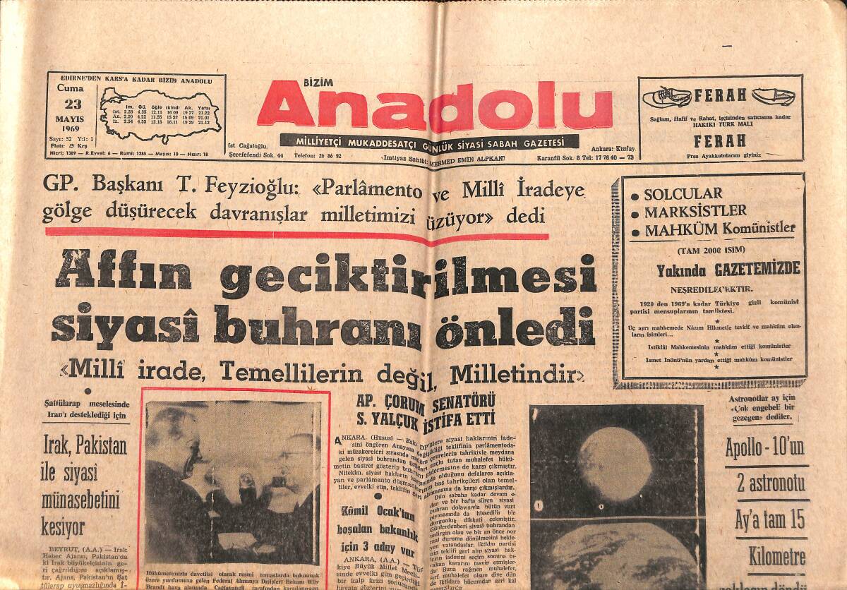 Bizim Anadolu Gazetesi 23 Mayıs 1969 - Apollo-10'un 2 Astronotu Ay'a Tam 15 Kilometre Yaklaşıp Durdu - Kennedy'nin Katilinin Gaz Odasına Gitmesi Kati GZ140999 - 1