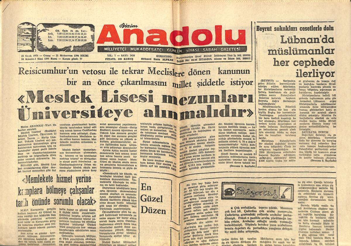 Bizim Anadolu Gazetesi 23 Ocak 1976 - Lübnan'da Müslümanlar Her Cephede İlerliyor - Meslek Lisesi Mezunları Üniversiteye Alınmalıdır! GZ140676 - 1