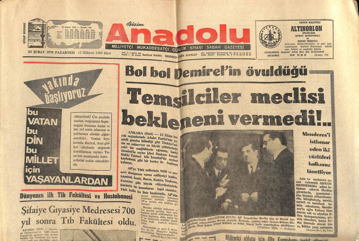Bizim Anadolu Gazetesi 23 Şubat 1970 - Menderes'i İstismar Eden İki Yüzlüleri Halkımız Lanetliyor - İslam Tarihinde Mezhep Ayrılıkları GZ140711 - 1