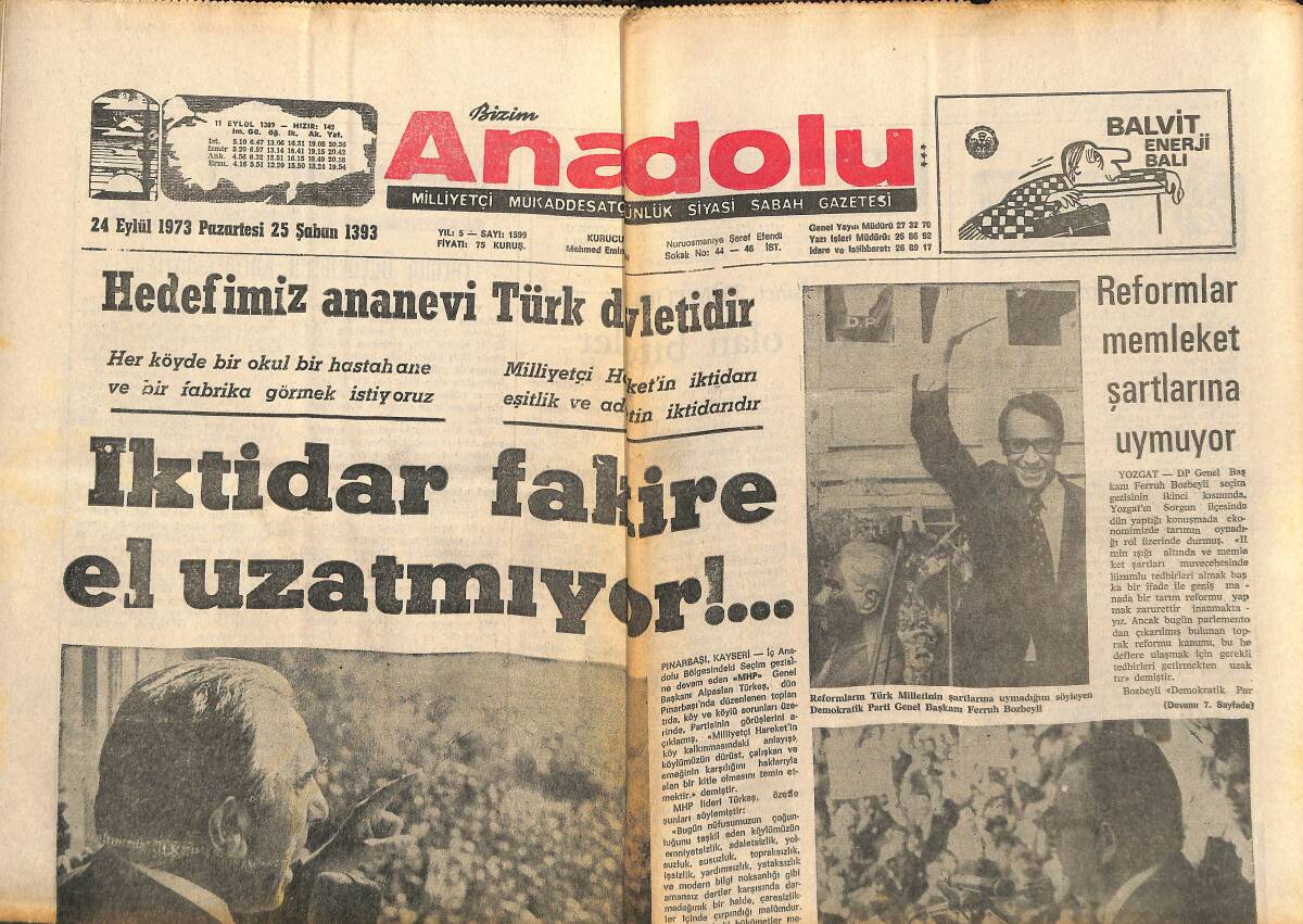Bizim Anadolu Gazetesi 24 Eylül 1973 - Alpaslan Türkeş: İktidar Fakire El Uzatmıyor! - Libya İktisadi Abluka Altına Alınmak İsteniyor GZ140669 - 1
