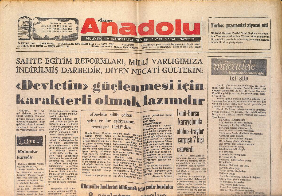 Bizim Anadolu Gazetesi 24 Eylül 1975 - OPEC Ülkeleri Petrole Yüzde On Zam Yapacaklar - Başkan Ford'a Suikast Yapıldı GZ158728 - 1