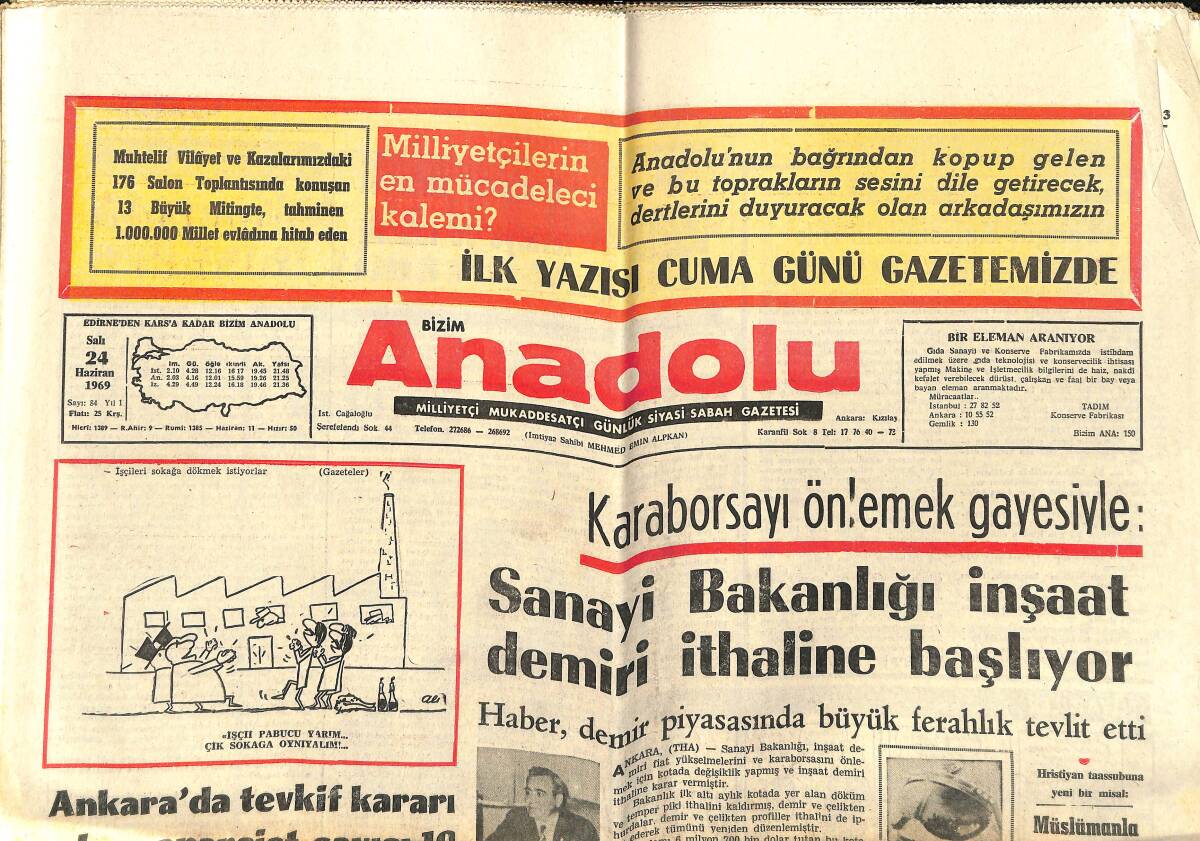 Bizim Anadolu Gazetesi 24 Haziran 1969 - Sanayi Bakanlığı İnşaat Demiri İthaline Başlıyor - Efes Rezaleti GZ141037 - 1