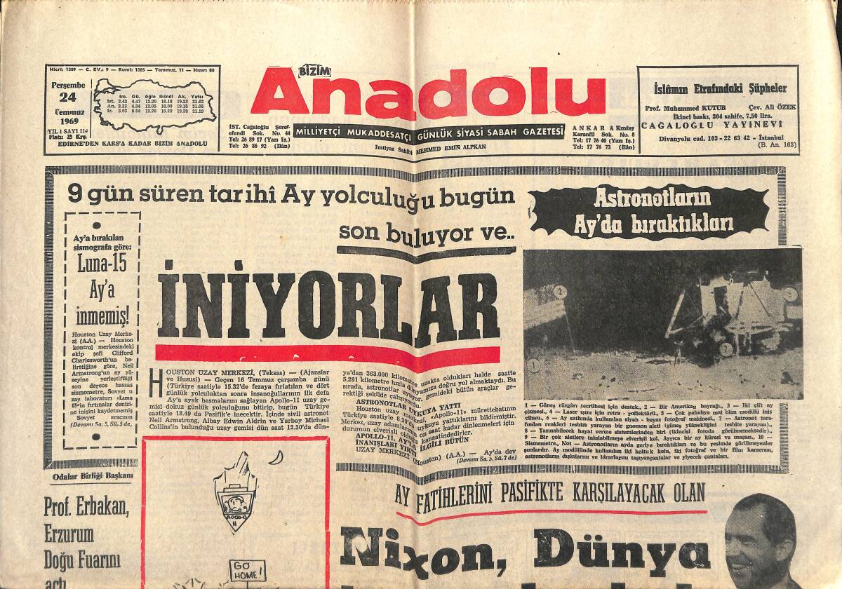 Bizim Anadolu Gazetesi 24 Temmuz 1969 - Nixon, Dünya Turuna Başladı - Prof. Necmettin Erbakan, Erzurum Doğu Fuarını Açtı! GZ140694 - 1