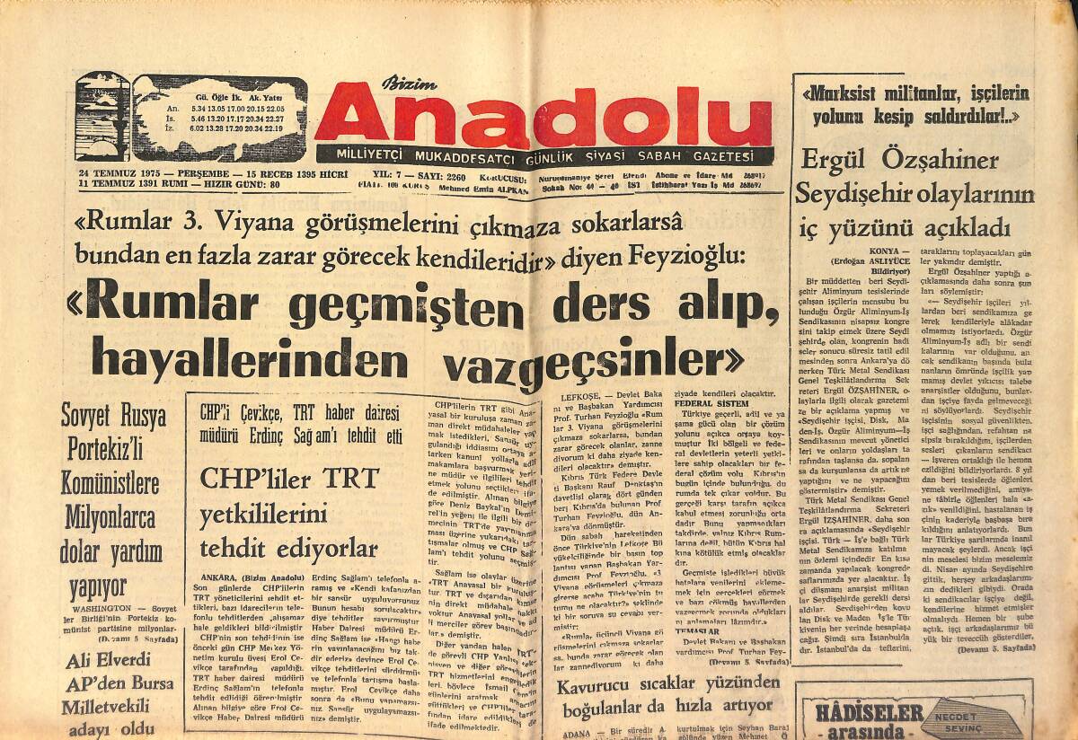 Bizim Anadolu Gazetesi 24 Temmuz 1975 - Mısır'da Barış Gücünün Görev Süresi Uzatılıyor GZ158718 - 1