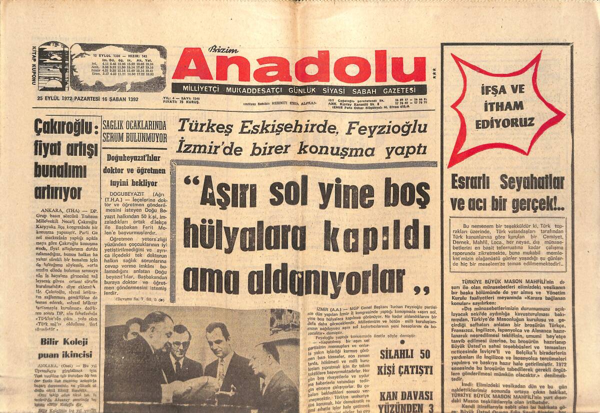 Bizim Anadolu Gazetesi 25 Eylül 1972 - Sağlık Ocaklarında Serum Bulunmuyor - Bir Kadın Hastaneye 56 Dükkan Bağışladı - Sarı Kırmızılılar Düzeliyor GZ138924 - 1