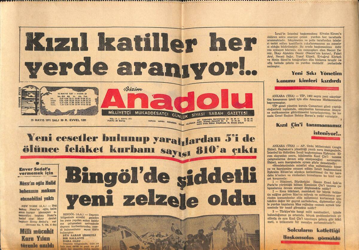 Bizim Anadolu Gazetesi 25 Mayıs 1971 - Bingöl'de Şiddetli Yeni Zelzele Oldu - Örfi İdare Eskişehir'de Trafiği Düzene Soktu GZ149395 - 1