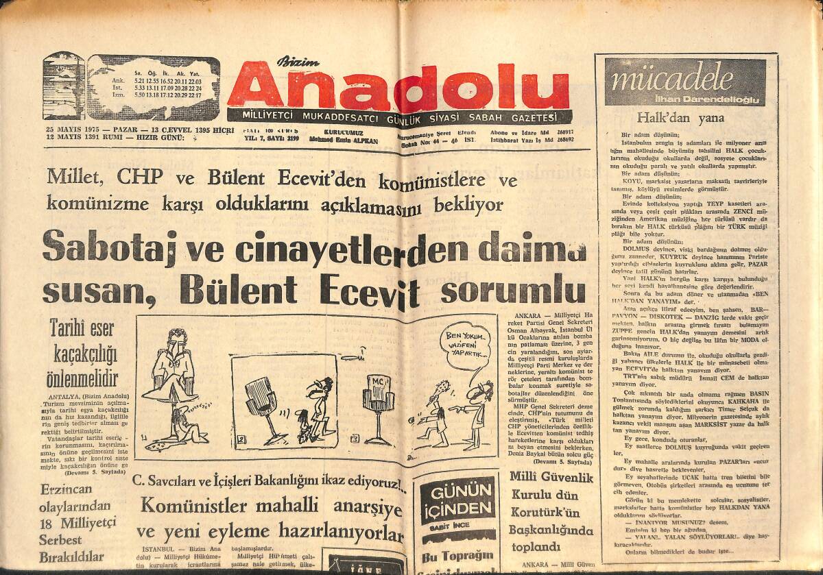 Bizim Anadolu Gazetesi 25 Mayıs 1975 - Makarios'un Gezisi Türk Arap İlişkisini Etkilemez - Tarihi Eser Kaçakçılığı Önlenmelidir GZ140854 - 1