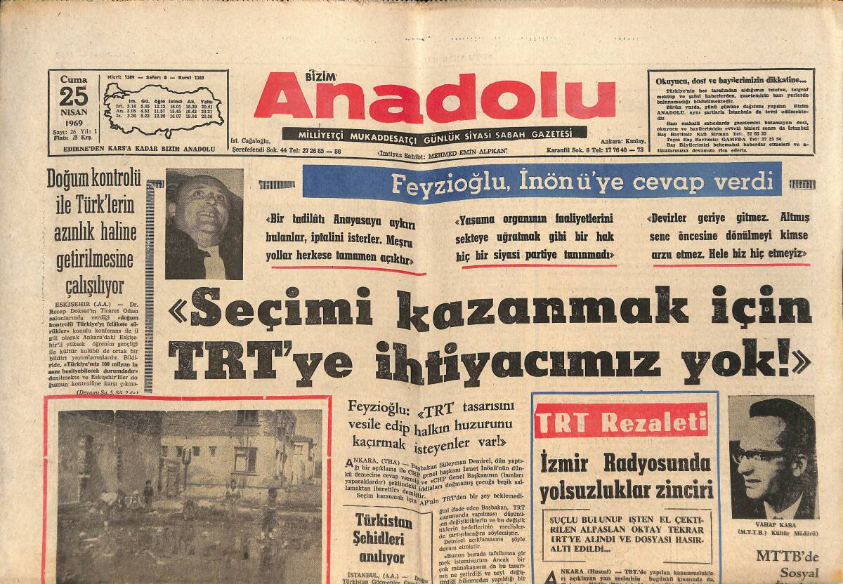 Bizim Anadolu Gazetesi 25 Nisan 1969 - Ayasofya Külliyesinin Tahribatı Devam Ediyor - TRT Rezaleti GZ140842 - 1