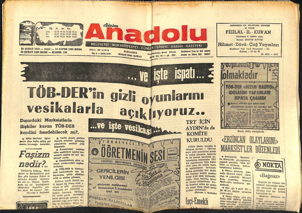 Bizim Anadolu Gazetesi 25 Şubat 1975 - TÖB-DER'İN Gizli Oyunlarını Vesikalarla Açıklıyoruz - TRT'NİN Organı Atılım GZ141034 - 1