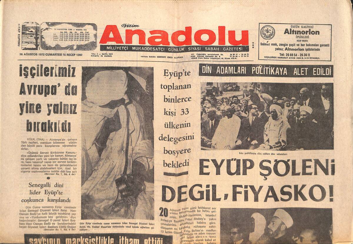 Bizim Anadolu Gazetesi 26 Ağustos 1972 - Dr. Lütfi Doğan Diyanet İşleri Başkanı Yapıldı - Din Adamları Politikaya Alet Edildi GZ140838 - 1