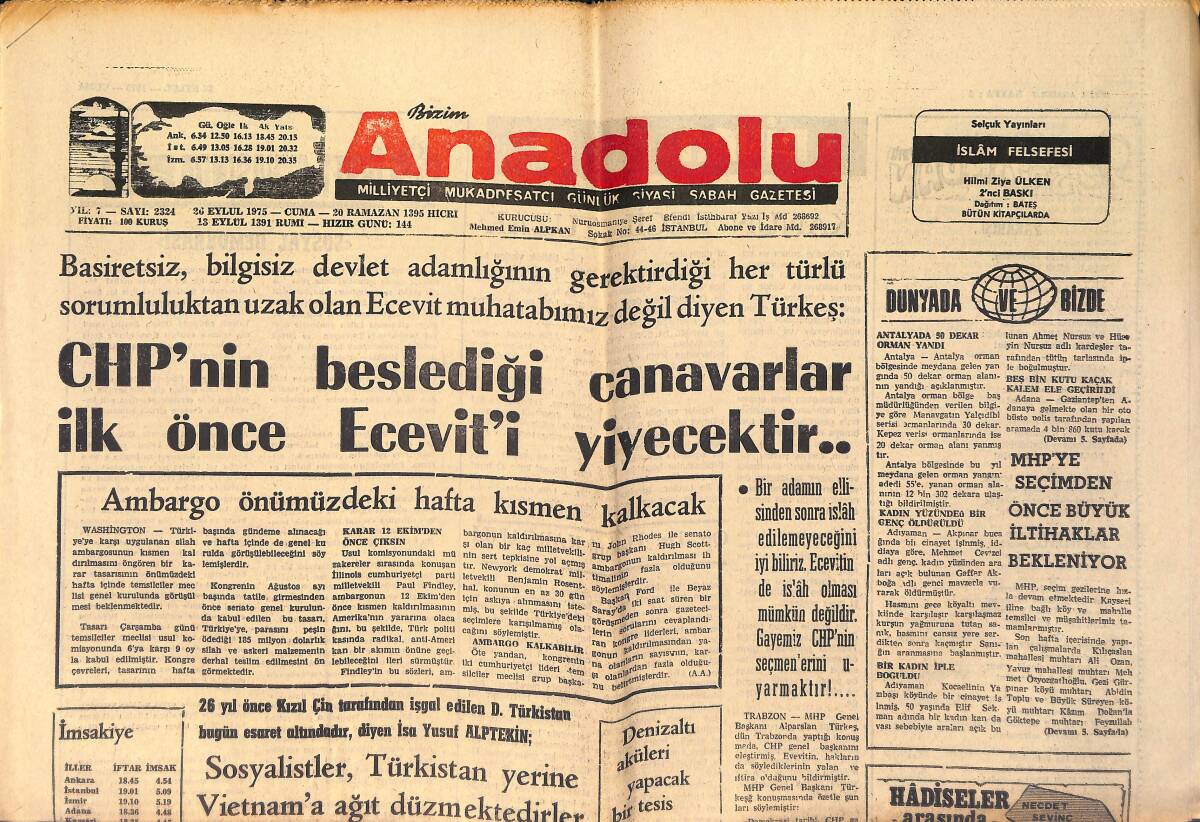Bizim Anadolu Gazetesi 26 Eylül 1975 - Lice'de Yine Deprem Oldu - Kissinger Bitsios'la Kıbrıs Konusunu Görüştü GZ158729 - 1