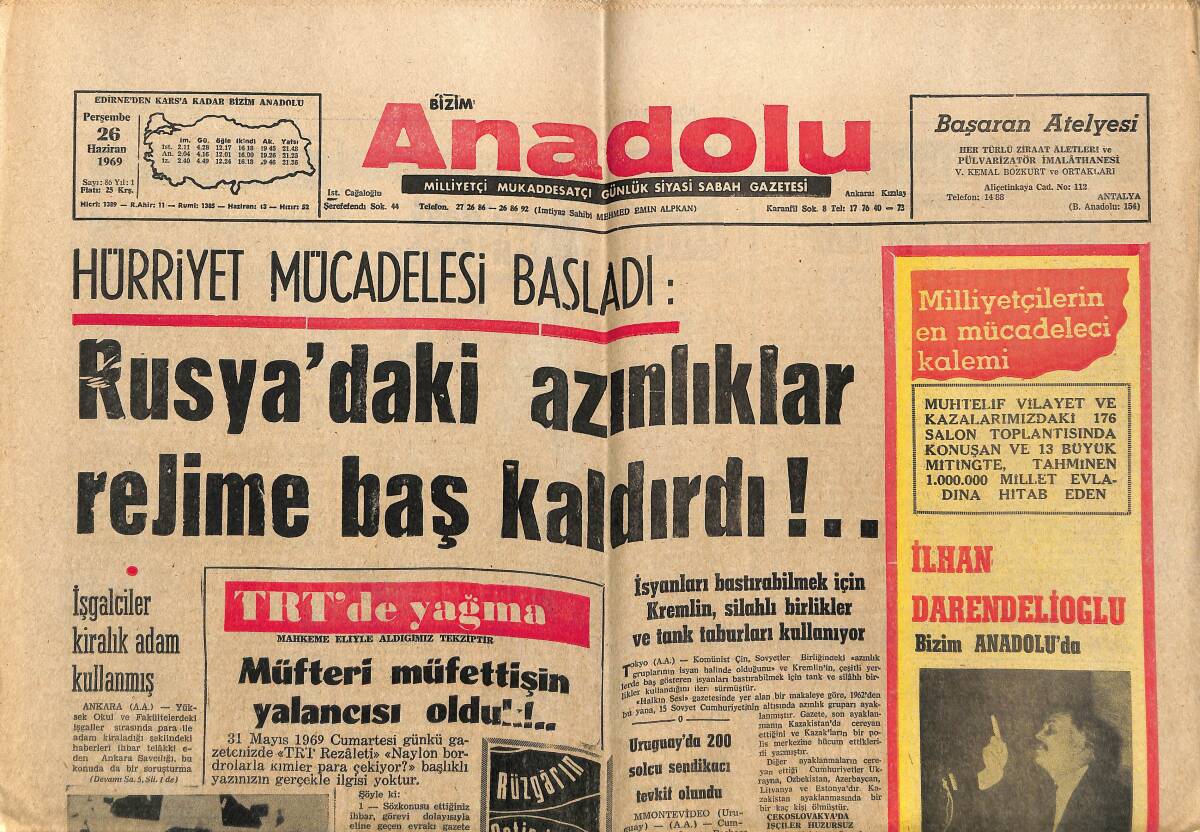 Bizim Anadolu Gazetesi 26 Haziran 1969 - Rusya'daki Azınlıklar Rejime Baş Kaldırdı - TRT'den Yağma - Talat Gökalp'in Jübilesi 3 Temmuz'da GZ140727 - 1
