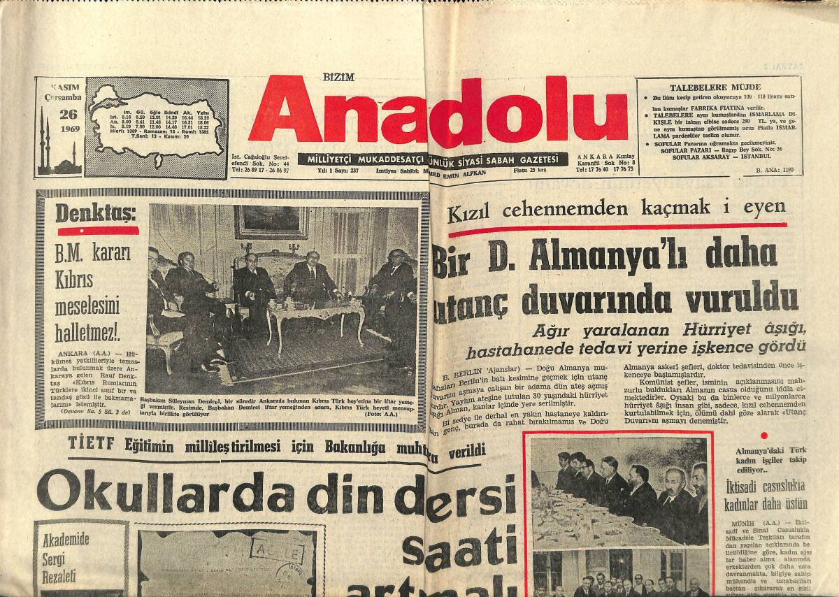 Bizim Anadolu Gazetesi 26 Kasım 1969 - 409 Çeşit İlaca El Konuldu - Okullarda Din Dersi Saati Artmadı GZ140764 - 1