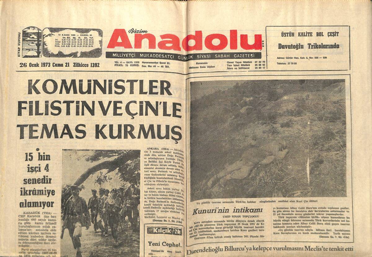 Bizim Anadolu Gazetesi 26 Ocak 1973 - Komünistler Filistin Ve Çin'le Temas Kurmuş - Vietnam Endişeli - Johnson İçin Bayrağımız Yarıya İndirildi GZ140684 - 1