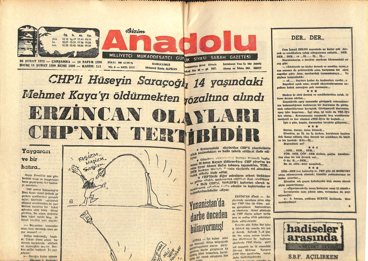 Bizim Anadolu Gazetesi 26 Şubat 1975 - Erzincan Olayları CHP'NİN Tertibidir - Urfa Ülkü Gecesi Yapıldı! GZ140666 - 1
