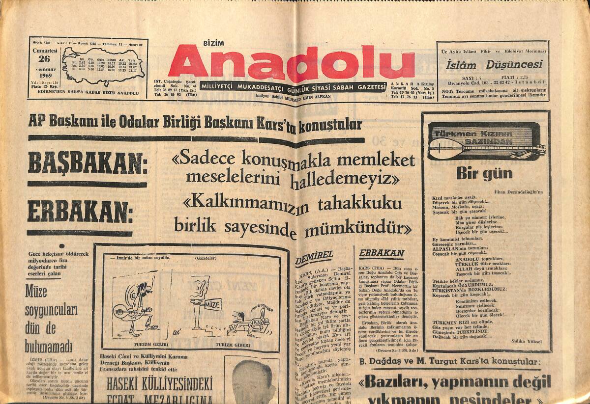 Bizim Anadolu Gazetesi 26 Temmuz 1969 - Başbakan Erbakan: Sadece Konuşmakla Memleket Meselelerini Halledemeyiz - Amerika Müslüman Yumruğuna Vurdu! GZ140632 - 1