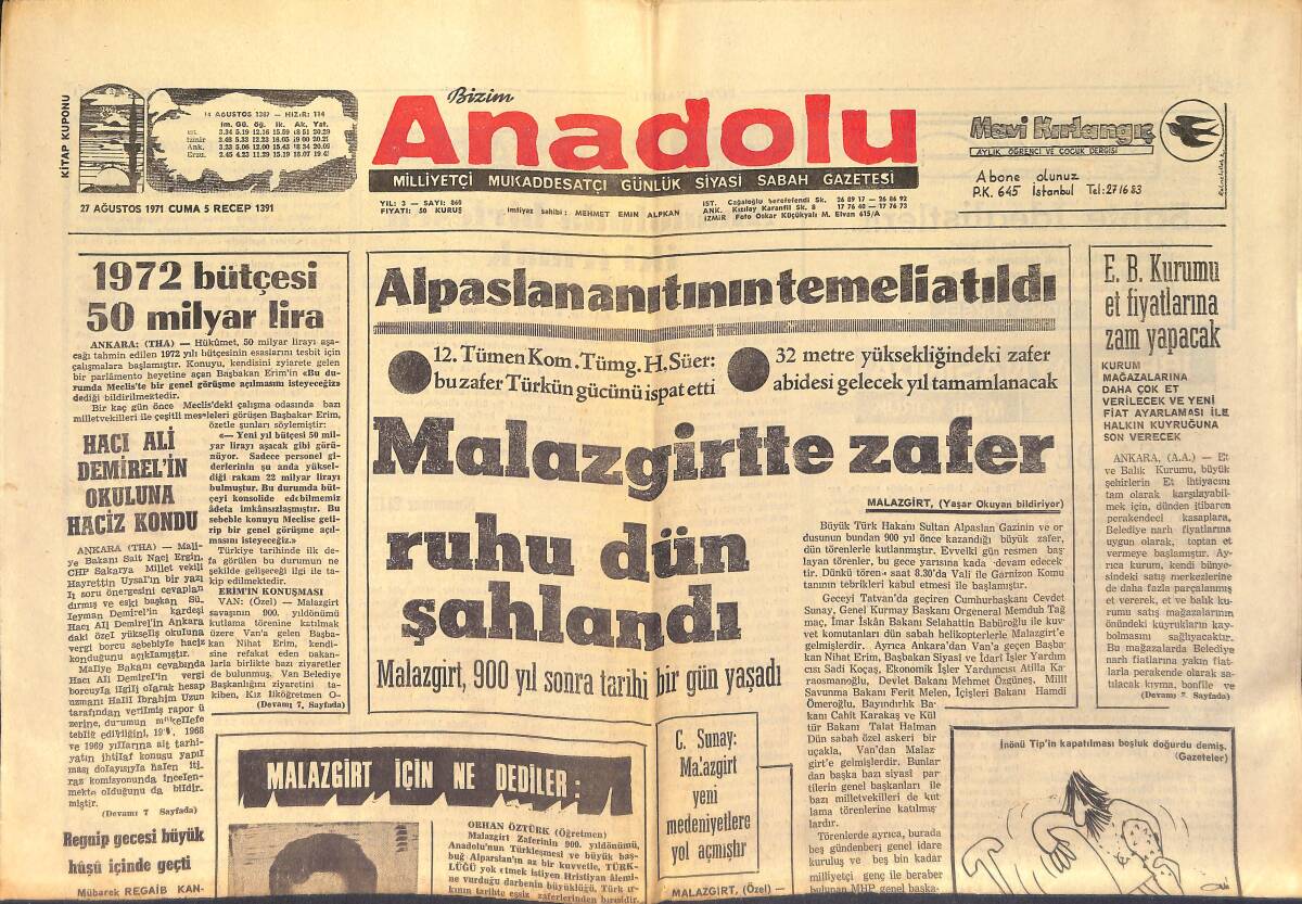 Bizim Anadolu Gazetesi 27 Ağustos 1971 - Türkiye , ABD'nin İthal Vergisine Karşı Çıktı GZ158708 - 1