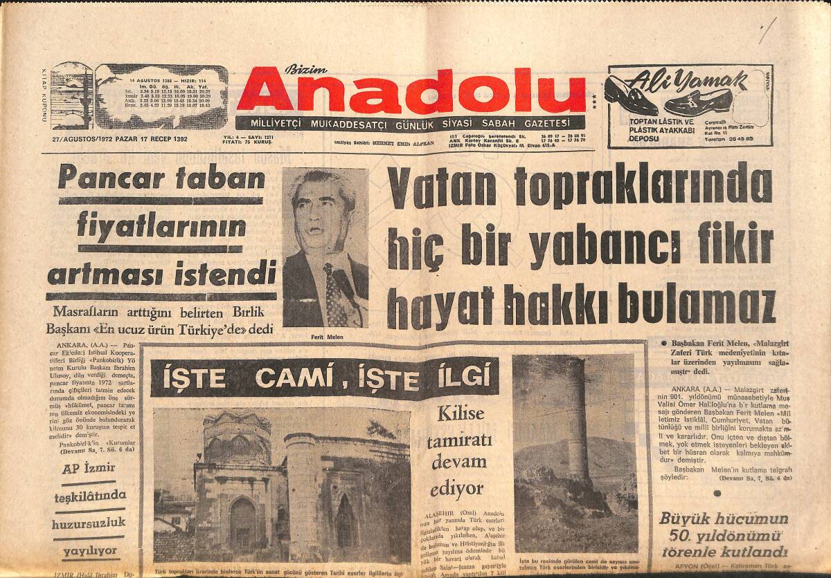 Bizim Anadolu Gazetesi 27 Ağustos 1972 - Koramiral Suer Halka Veda Etti - Vatan Topraklarında Hiçbir Yabancı Fikir Hayat Hakkı Bulamaz GZ140839 - 1