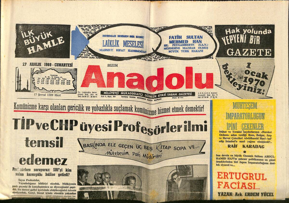Bizim Anadolu Gazetesi 27 Aralık 1969 - Milli Tiyatroya Doğru Nejat Uygur, Altay Galatasaray Düellosu GZ148164 - 1