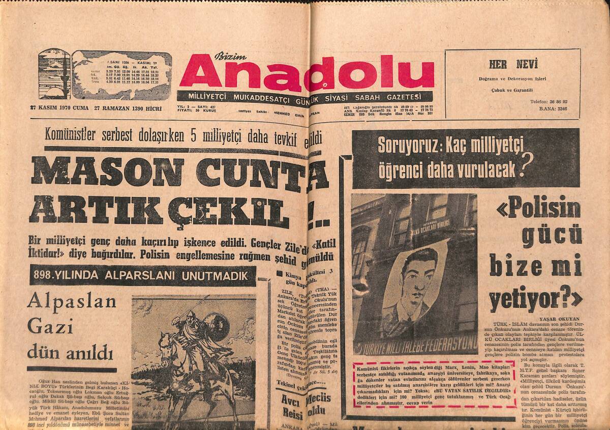 Bizim Anadolu Gazetesi 27 Kasım 1970 - Mason Cunta Artık Çekil! - Aksaray Geçidi Bir Yıl Sonra Bitecek GZ140986 - 1