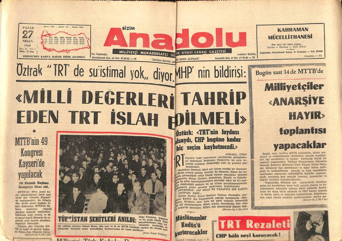 Bizim Anadolu Gazetesi 27 Nisan 1969 - Solcu FKF'de Bomba Bulundu - Türkistan Şehitleri Anıldı GZ141079 - 1