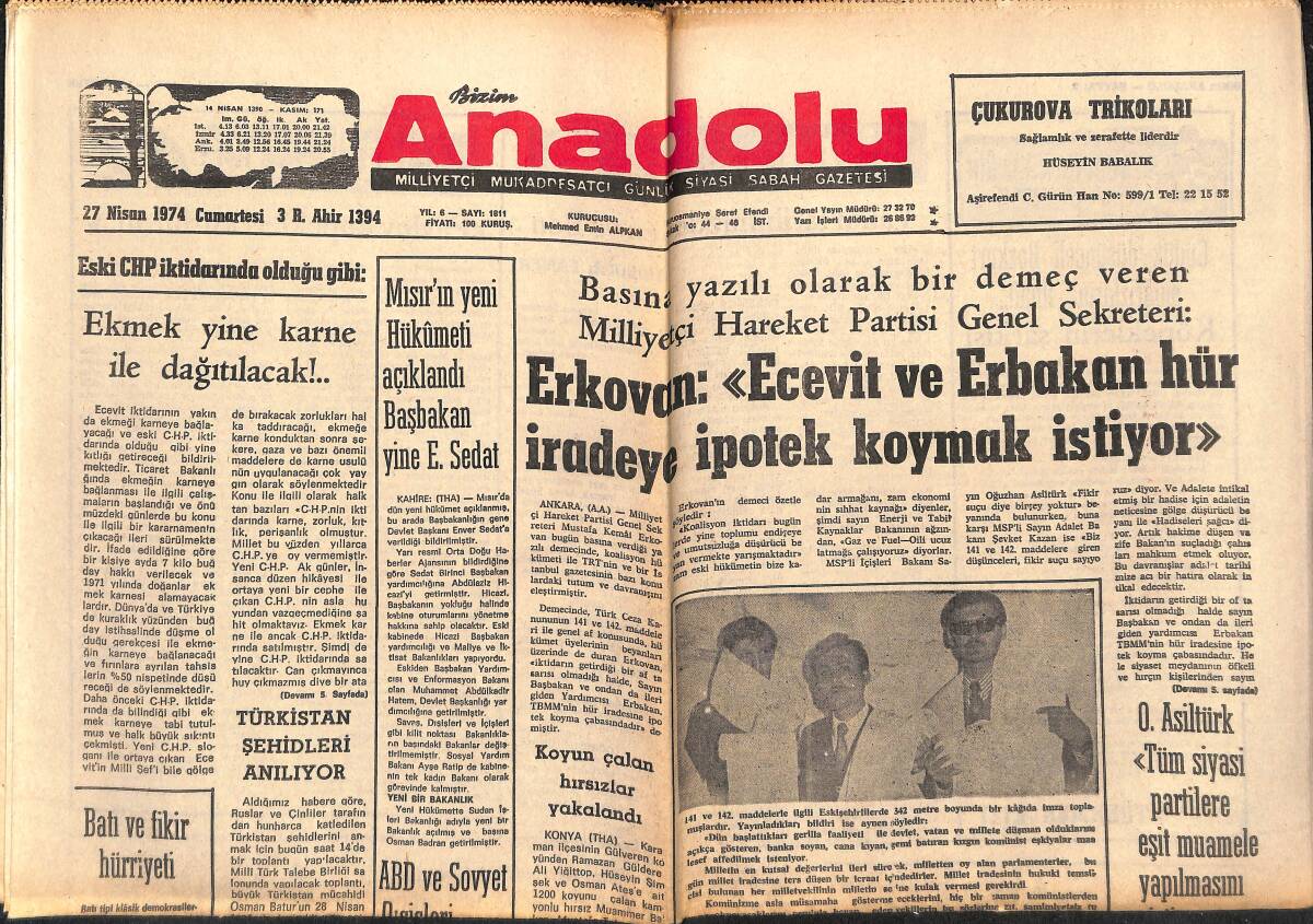 Bizim Anadolu Gazetesi 27 Nisan 1974 - Barzani Kuvvetleri Saflarını Terk Ediyor - Vefa, Galatasaray İle Son Kez Oynuyor GZ140974 - 1