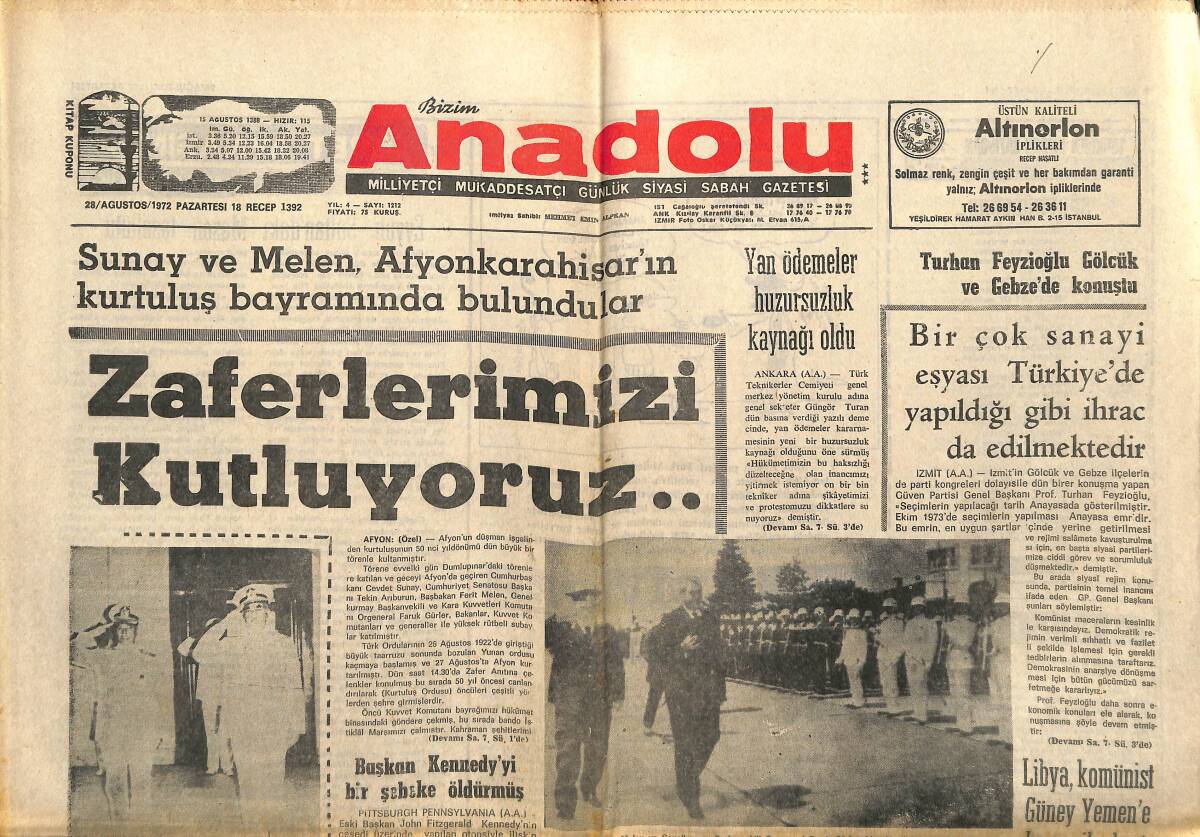Bizim Anadolu Gazetesi 28 Ağustos 1972 - İtalya Renkli Televizyon Başladı - Sultan Abdülhamid Han'ın Hal'ine Doğru GZ141027 - 1