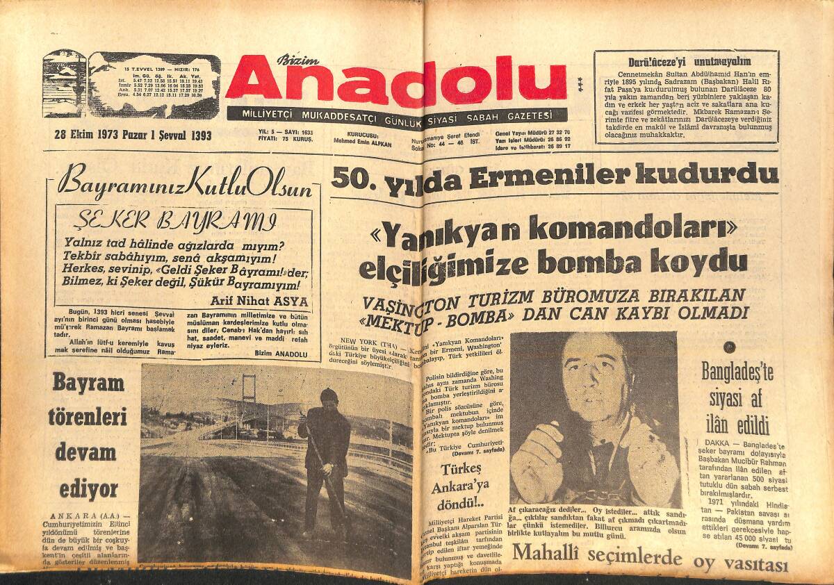 Bizim Anadolu Gazetesi 28 Ekim 1972 - 50. Yılda Ermeniler Kudurdu - Yahudiler İşgal Ettikleri Topraklardan Çekilmeyi Kabul Etti GZ138964 - 1