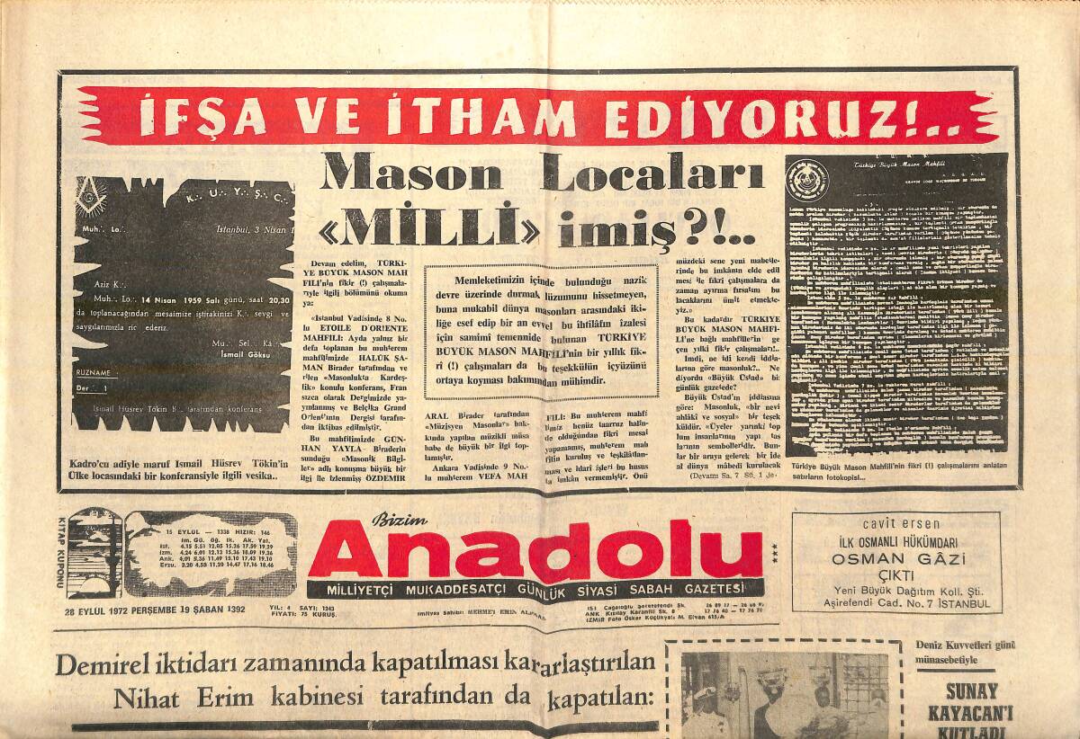 Bizim Anadolu Gazetesi 28 Eylül 1972 - Milliyetçilik CHP'Yİ Tedirgin Ediyor! - İmam Hatip Okullarının Orta Kısmı Yeniden Açılıyor! GZ139001 - 1