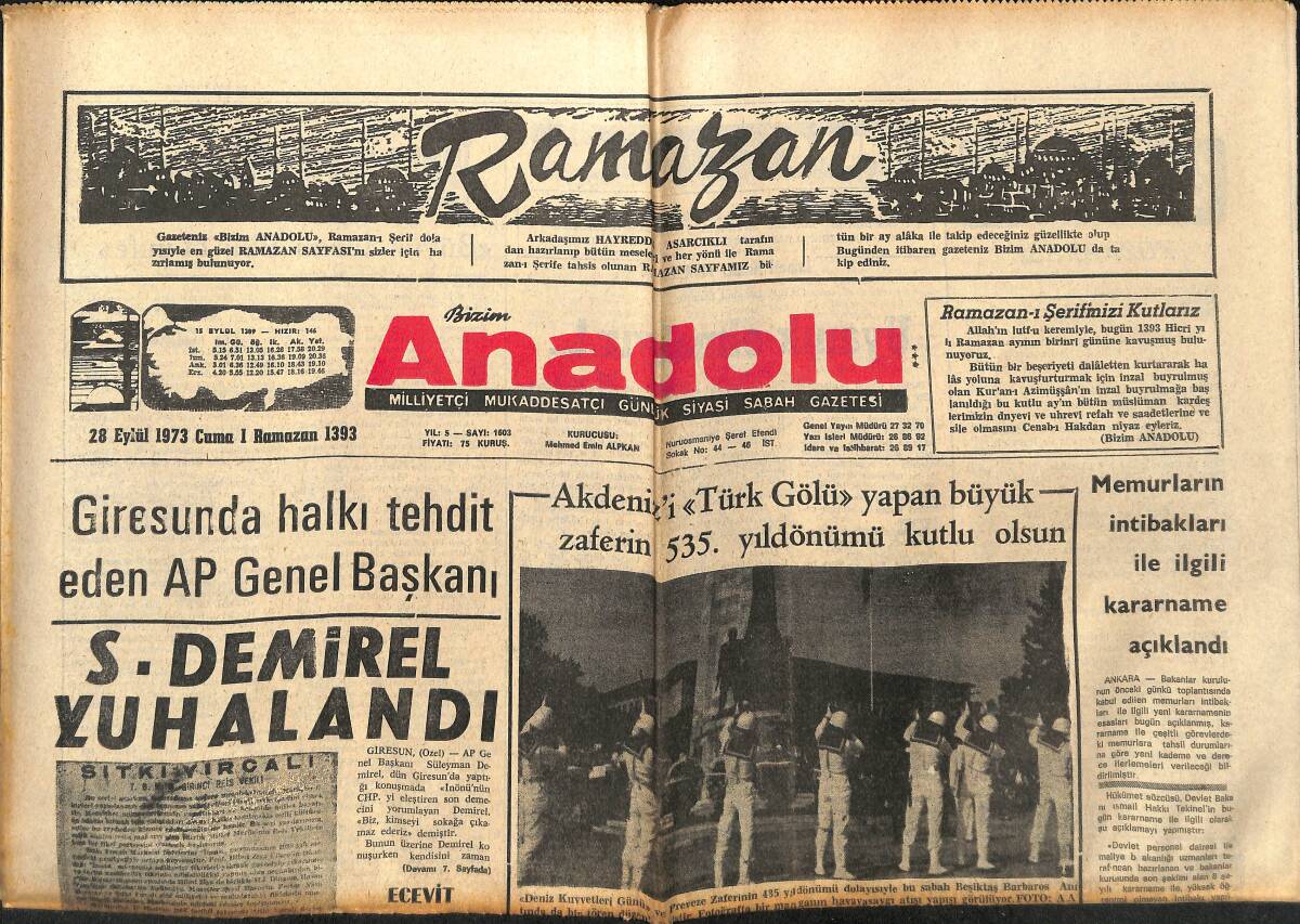 Bizim Anadolu Gazetesi 28 Eylül 1973 - Süleyman Demirel Yuhalandı - Türkiye Şeriat Ülkesi Olamaz - Ecevit: AP Fakiri Çok Fakir Yapmak İstiyor! GZ140673 - 1