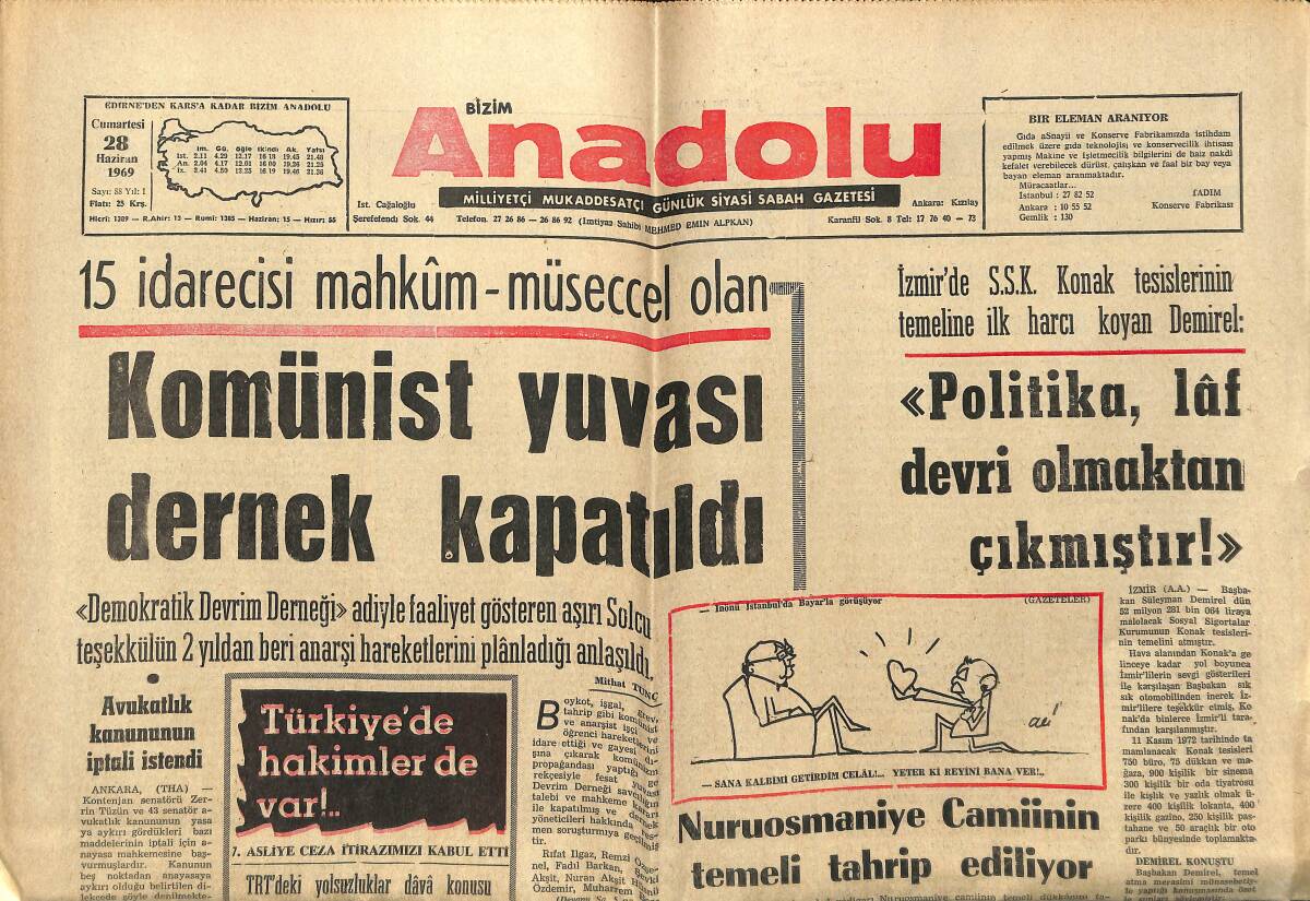 Bizim Anadolu Gazetesi 28 Haziran 1969 - Komünist Yuvası Dernek Kapatıldı - Galatasaray - Göztepe Karşılaşması Yarın GZ140637 - 1