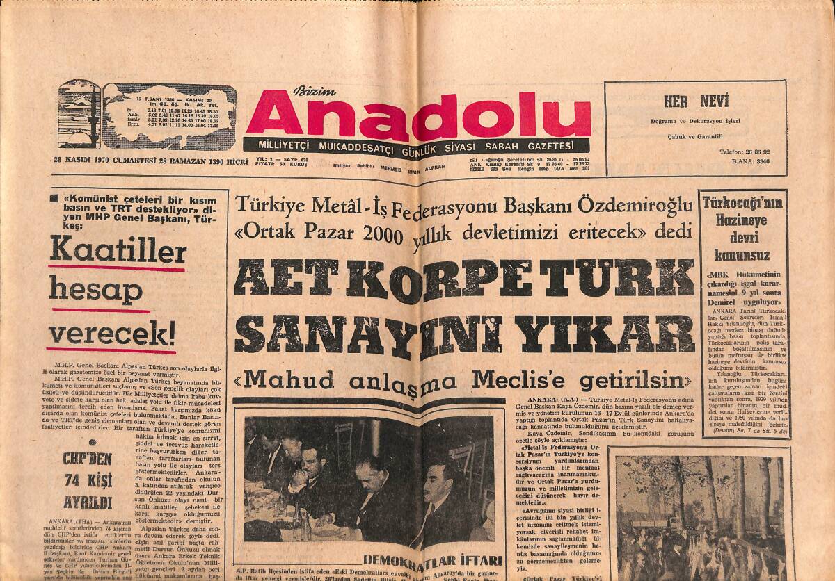 Bizim Anadolu Gazetesi 28 Kasım 1970 - Papa'ya Suikast Yapıldı - Çad Devlet Bakanı Geldi GZ140805 - 1