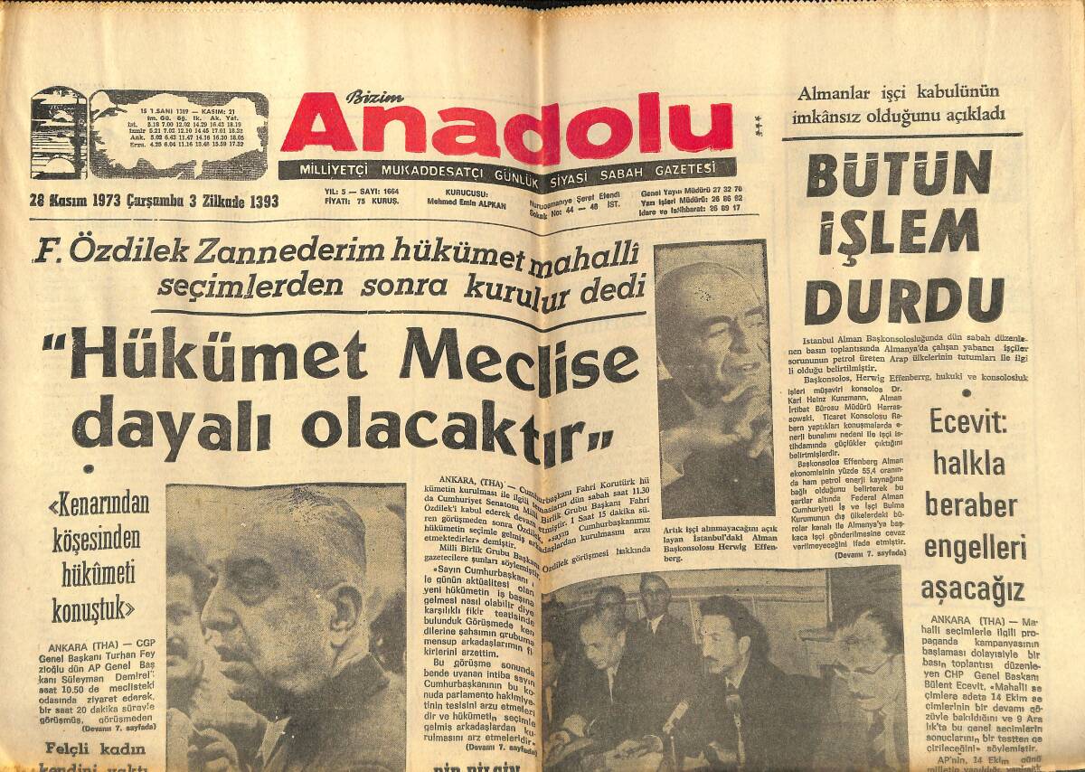 Bizim Anadolu Gazetesi 28 Kasım 1973 - Derik Olayında Ölü Sayısı Üçe Yükseldi - Peri Bacaları Yıkılmaya Yüz Tuttu - Göltaş Hadisesi Meclis'e Getirildi GZ140636 - 1