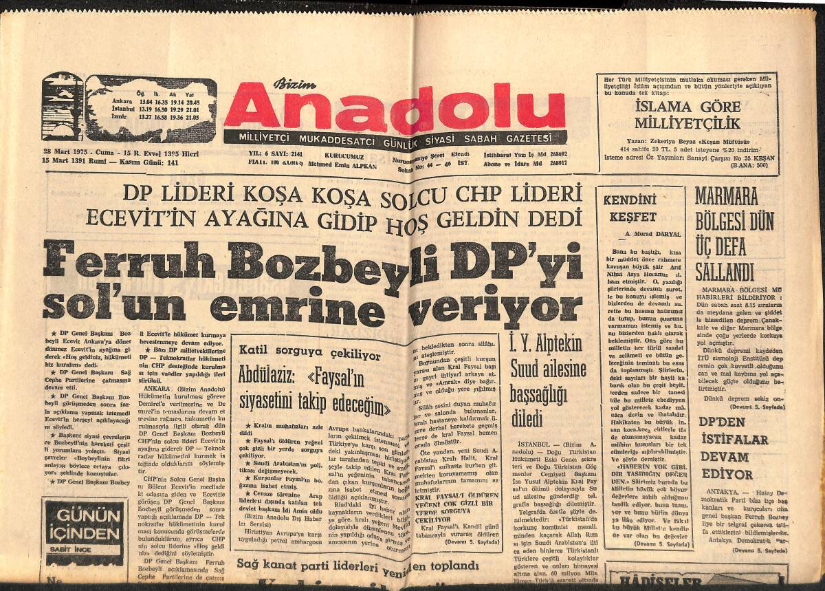 Bizim Anadolu Gazetesi 28 Mart 1975 - Kıbrıslı Papaz Kayıp Rumları Arıyor - Ferruh Bozbeyli DP'yi Sol'un Emrine Veriyor GZ141062 - 1