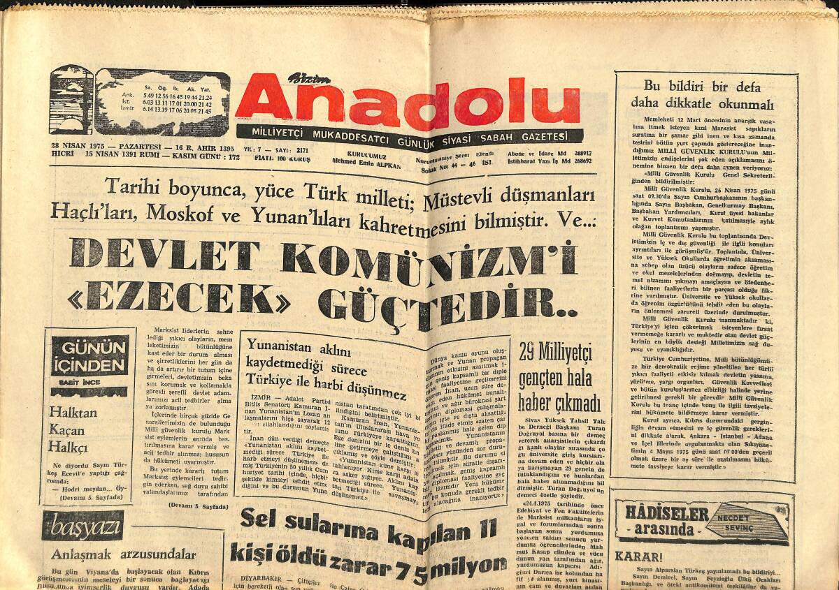 Bizim Anadolu Gazetesi 28 Nisan 1975 - 29 Milliyetçi Gençten Hala Haber Çıkmadı - Veremin Sırtı Yere Getirildi GZ140494 - 1