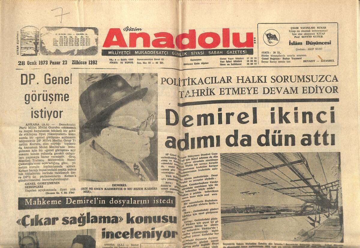 Bizim Anadolu Gazetesi 28 Ocak 1973 - Süleyman Demirel İkinci Adımı Da Dün Attı - Doğu Perinçek İçin 20 Yıl Hapis İstendi! GZ140685 - 1