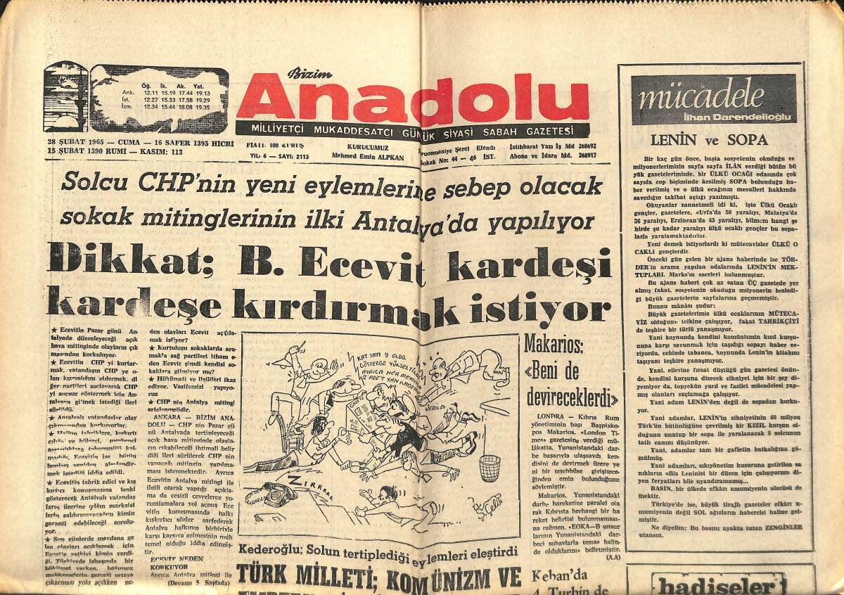 Bizim Anadolu Gazetesi 28 Şubat 1965 - B.Ecevit Kardeşi Kardeşe Kırdırmak İstiyor! - Türk Milleti; Komünizm Ve Emperyalizmin Düşmanıdır! GZ140664 - 1