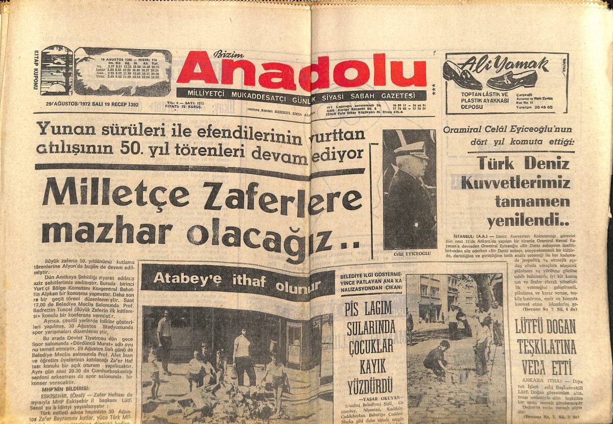 Bizim Anadolu Gazetesi 29 Ağustos 1972 - Türk Deniz Kuvvetlerimiz Tamamen Yenilendi - Fenerbahçe Galatasaray Karşılaşacak GZ141028 - 1
