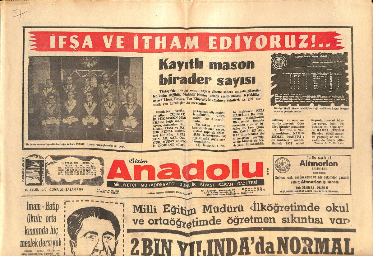 Bizim Anadolu Gazetesi 29 Eylül 1972 - Kayıtlı Mason Birader Sayısı - Kıbrıs Türklerine Muhtariyet Verilmeli - DP Antalya Teşkilatı Kuruldu GZ138918 - 1