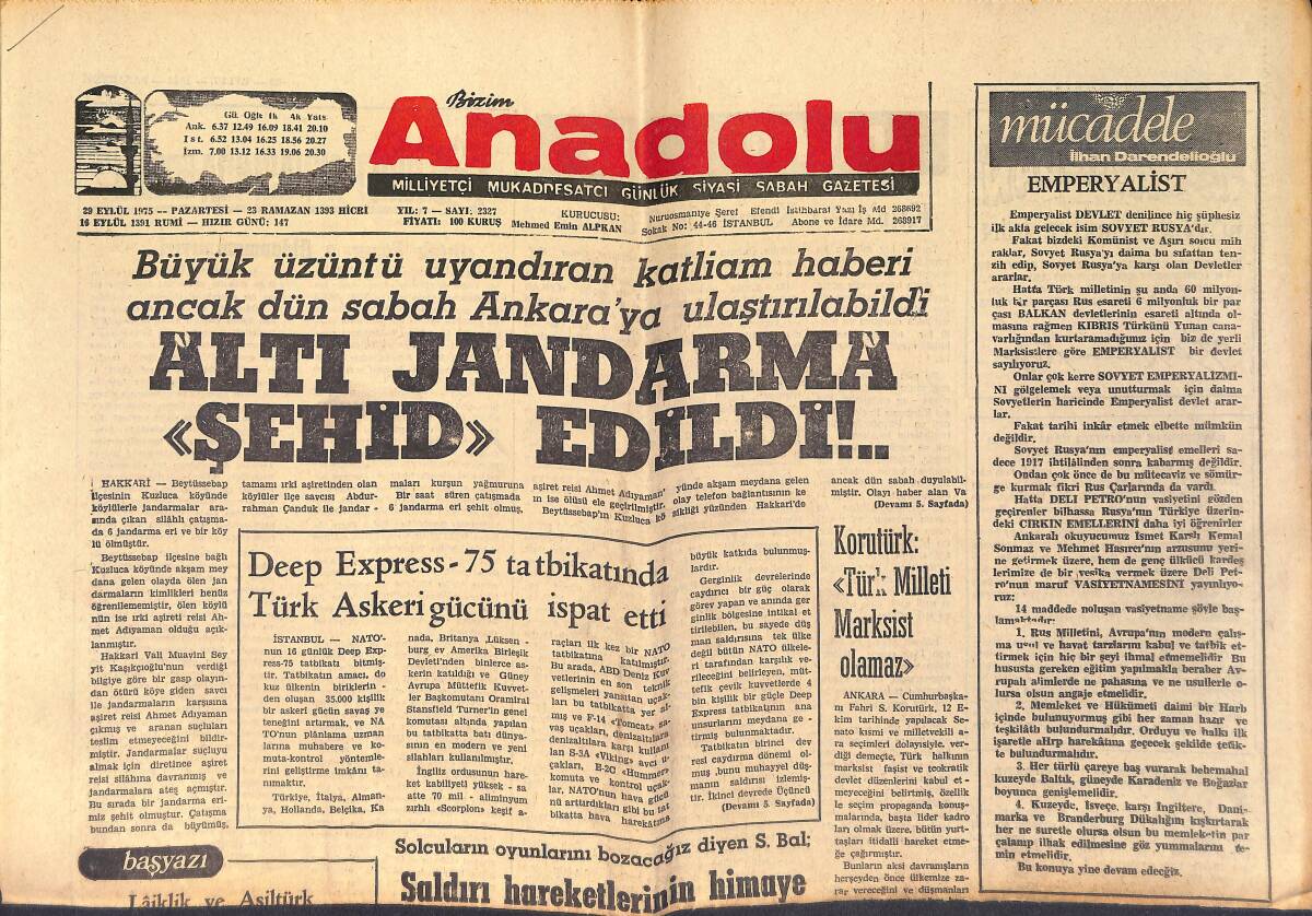 Bizim Anadolu Gazetesi 29 Eylül 1975 - Deep Express-75 Tatbikatında Türk Askeri Gücünü İspat Etti GZ158730 - 1